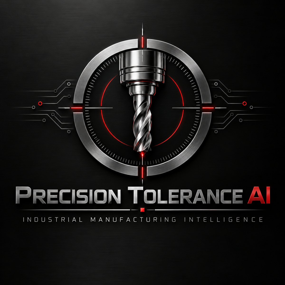 Precision Tolerance AI logo: a brushed-steel reticle ring around an end mill